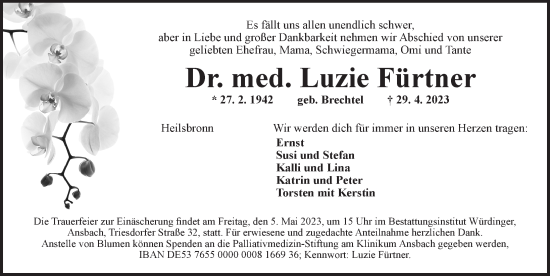 Traueranzeige von Luzie Fürtner von Ansbach