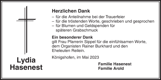 Traueranzeige von Lydia Hasenest von Dinkelsbühl/ Feuchtwangen