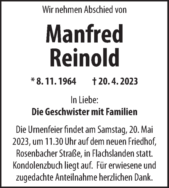 Traueranzeige von Manfred Reinold von GE