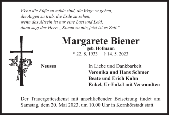 Traueranzeige von Margarete Biener von Neustadt/ Scheinfeld/ Uffenheim