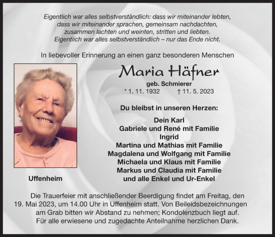 Traueranzeige von Maria Häfner von Neustadt/ Scheinfeld/ Uffenheim