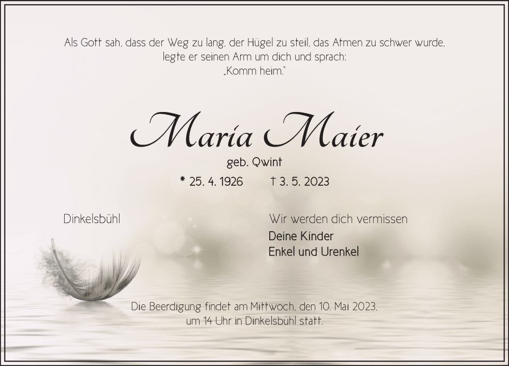  Traueranzeige für Maria Maier vom 06.05.2023 aus Dinkelsbühl/ Feuchtwangen