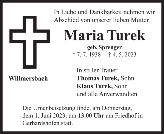 Traueranzeige von Maria Turek von Neustadt/ Scheinfeld/ Uffenheim