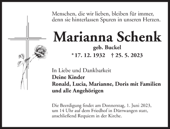 Traueranzeige von Marianna Schenk von Dinkelsbühl/ Feuchtwangen