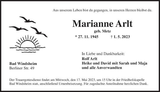 Traueranzeige von Marianne Arlt von Neustadt/ Scheinfeld/ Uffenheim