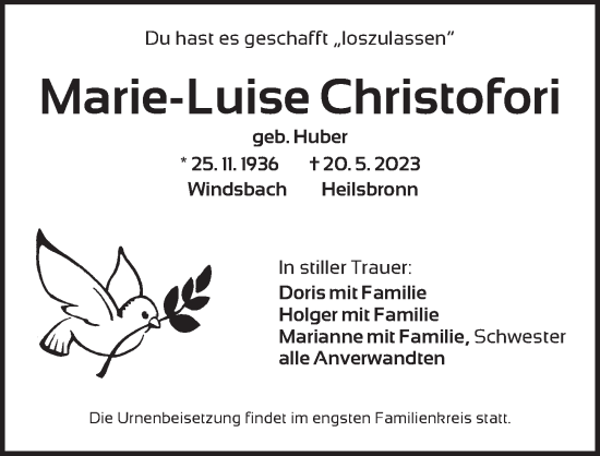 Traueranzeige von Marie-Luise Christofori von Ansbach
