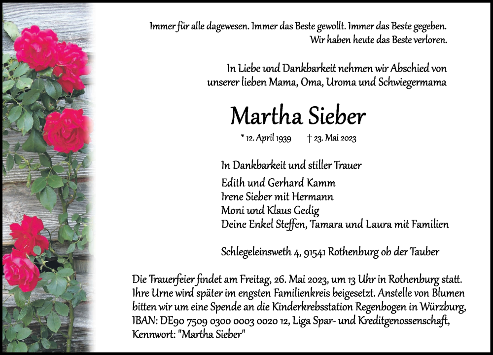  Traueranzeige für Martha Sieber vom 25.05.2023 aus Rothenburg