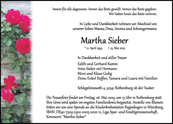 Traueranzeige von Martha Sieber von Rothenburg