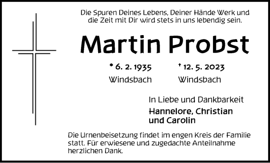 Traueranzeige von Martin Probst von Ansbach