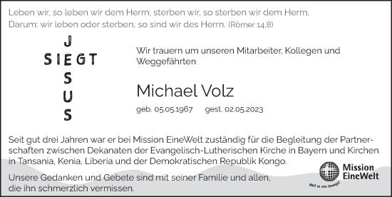 Traueranzeige von Michael Volz von Ansbach