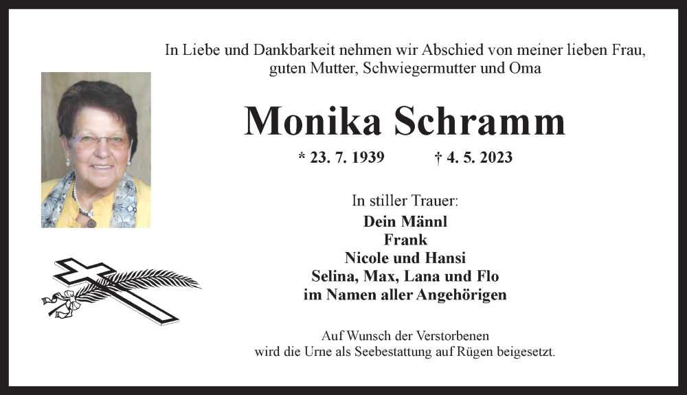  Traueranzeige für Monika Schramm vom 06.05.2023 aus Ansbach