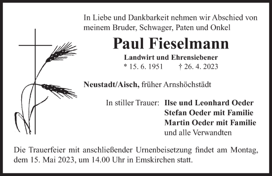 Traueranzeige von Paul Fieselmann von Neustadt/ Scheinfeld/ Uffenheim