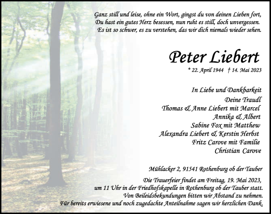 Traueranzeige von Peter Liebert von Rothenburg