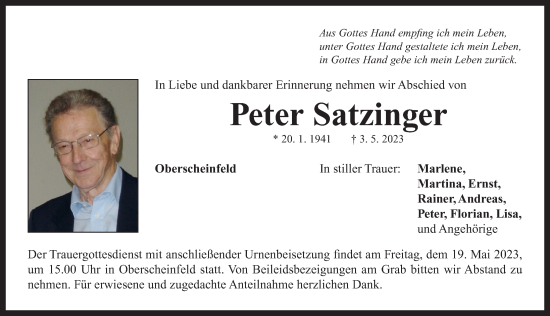 Traueranzeige von Peter Satzinger von Neustadt/ Scheinfeld/ Uffenheim