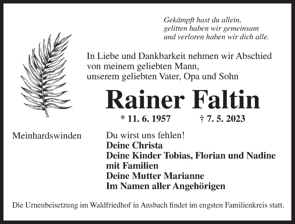  Traueranzeige für Rainer Faltin vom 13.05.2023 aus Ansbach