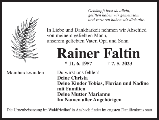 Traueranzeige von Rainer Faltin von Ansbach