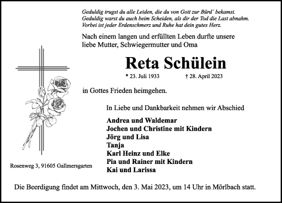Traueranzeige von Reta Schülein von Neustadt/ Scheinfeld/ Uffenheim