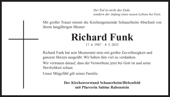 Traueranzeige von Richard Funk von Neustadt/ Scheinfeld/ Uffenheim