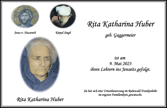 Traueranzeige von Rita Katharina Huber von Rothenburg