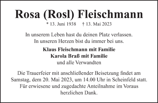 Traueranzeige von Rosa Fleischmann von Neustadt/ Scheinfeld/ Uffenheim