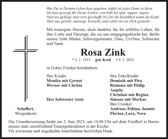 Traueranzeige von Rosa Zink von Neustadt/ Scheinfeld/ Uffenheim
