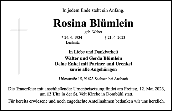 Traueranzeige von Rosina Blümlein von Ansbach