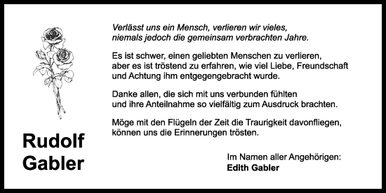 Traueranzeige von Rudolf Gabler von Ansbach