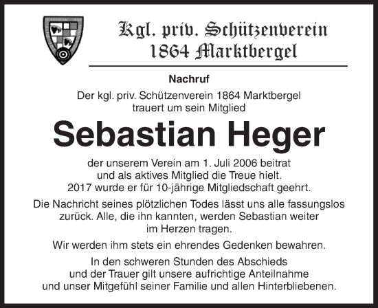 Traueranzeige von Sebastian Heger von Neustadt/ Scheinfeld/ Uffenheim