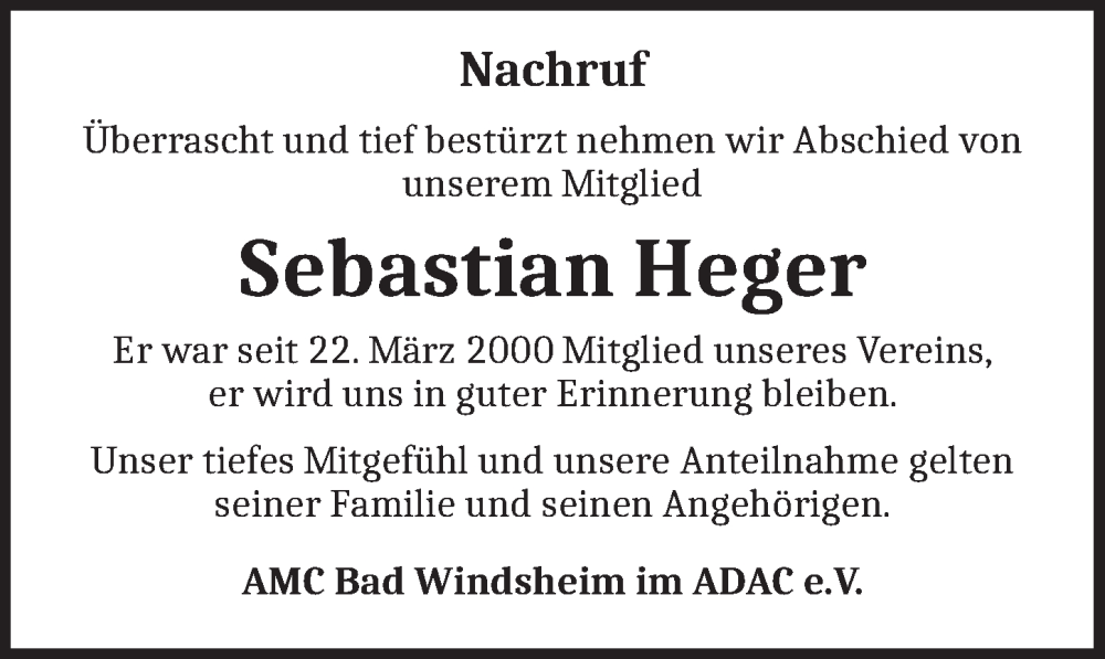  Traueranzeige für Sebastian Heger vom 15.05.2023 aus Neustadt/ Scheinfeld/ Uffenheim