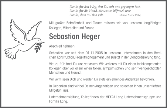 Traueranzeige von Sebastian Heger von Neustadt/ Scheinfeld/ Uffenheim