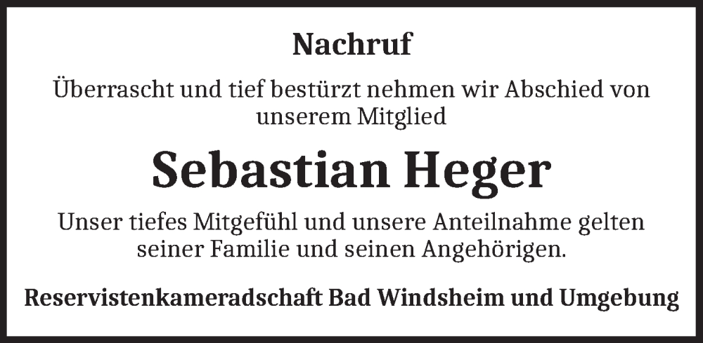  Traueranzeige für Sebastian Heger vom 20.05.2023 aus Neustadt/ Scheinfeld/ Uffenheim