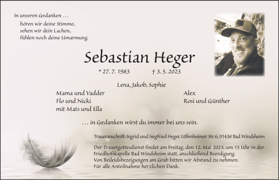 Traueranzeige von Sebastian Heger von Neustadt/ Scheinfeld/ Uffenheim