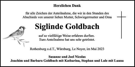 Traueranzeige von Siglinde Goldbach von Rothenburg