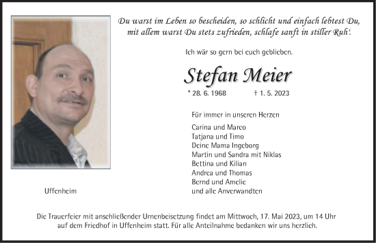 Traueranzeige von Stefan Meier von Neustadt/ Scheinfeld/ Uffenheim