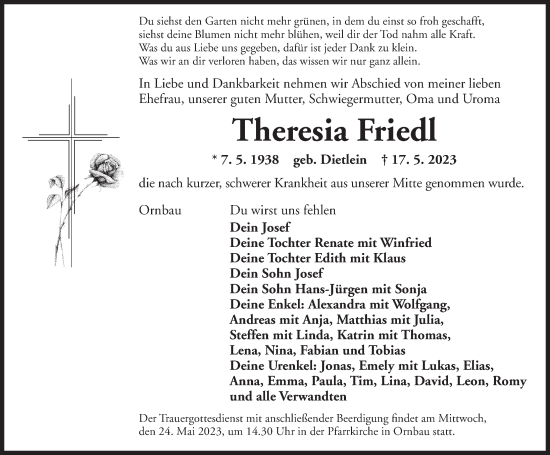 Traueranzeige von Theresia Friedl von Ansbach