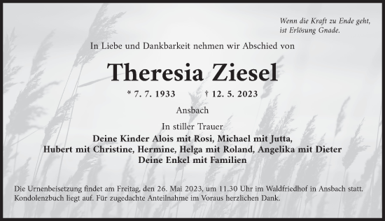 Traueranzeige von Theresia Ziesel von Ansbach