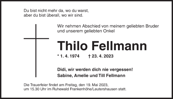 Traueranzeige von Thilo Fellmann von Ansbach