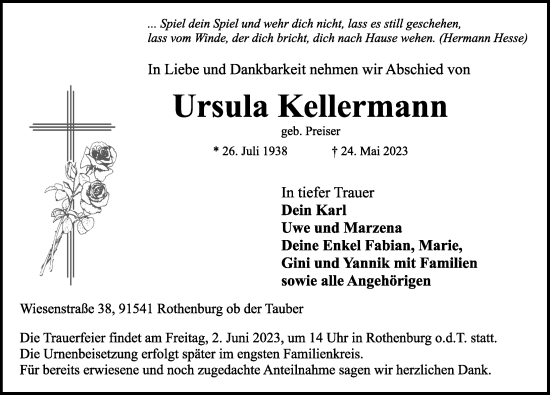 Traueranzeige von Ursula Kellermann von Rothenburg