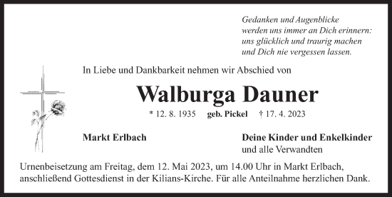 Traueranzeige von Walburga Dauner von Neustadt/ Scheinfeld/ Uffenheim