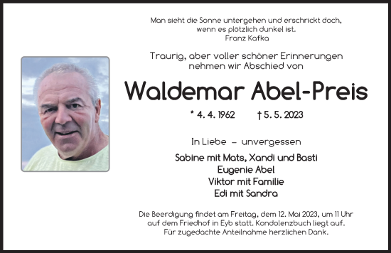 Traueranzeige von Waldemar Abel-Preis von Ansbach