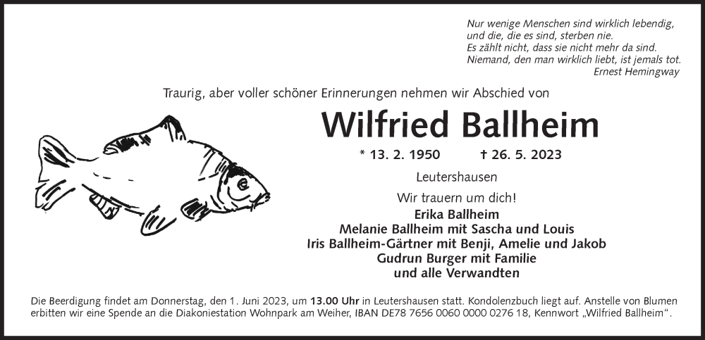  Traueranzeige für Wilfried Ballheim vom 30.05.2023 aus Ansbach