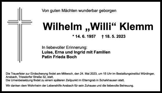 Traueranzeige von Wilhelm Klemm von Ansbach