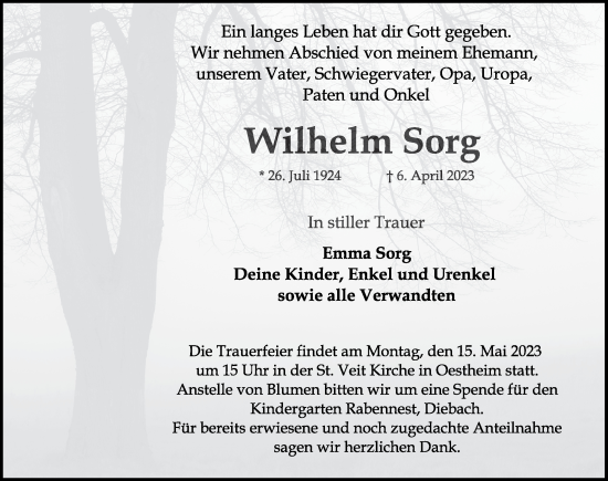 Traueranzeige von Wilhelm Sorg von Rothenburg