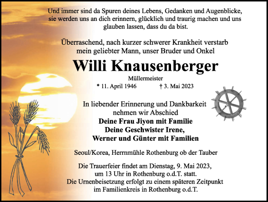 Traueranzeige von Willi Knausenberger von Rothenburg
