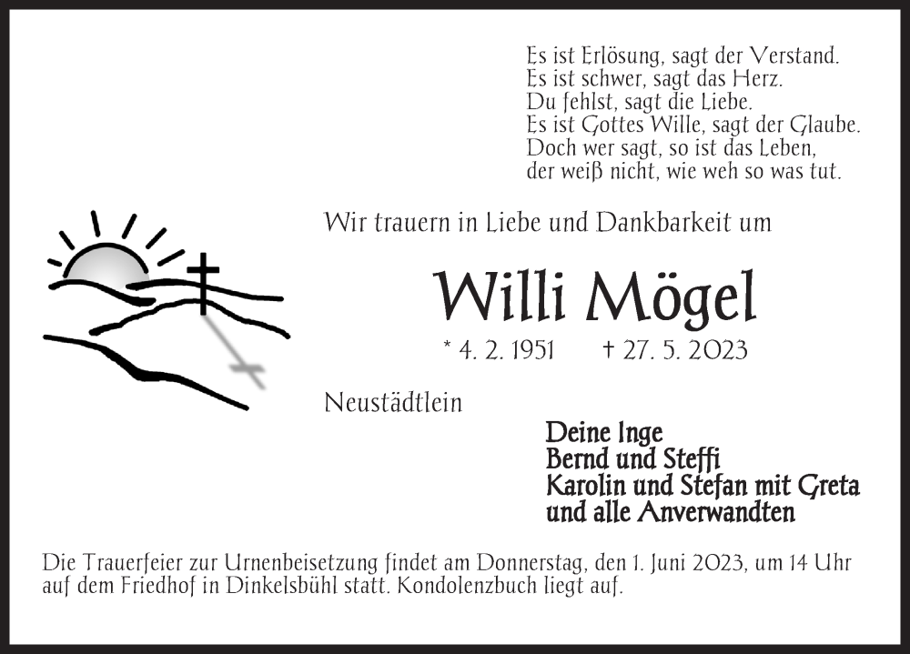  Traueranzeige für Willi Mögel vom 31.05.2023 aus Dinkelsbühl/ Feuchtwangen