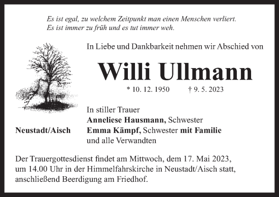 Traueranzeige von Willi Ullmann von Neustadt/ Scheinfeld/ Uffenheim