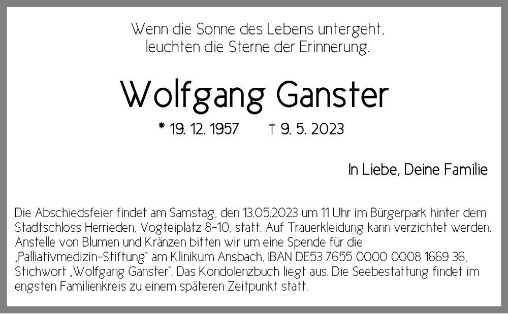  Traueranzeige für Wolfgang Ganster vom 11.05.2023 aus GE