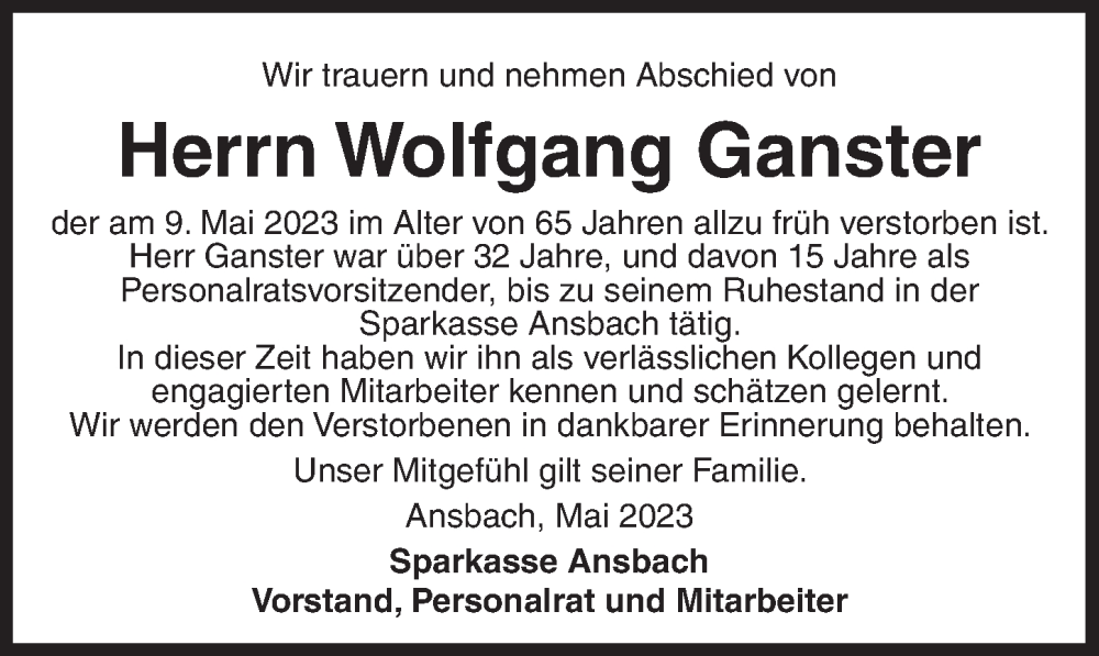  Traueranzeige für Wolfgang Ganster vom 11.05.2023 aus Ansbach