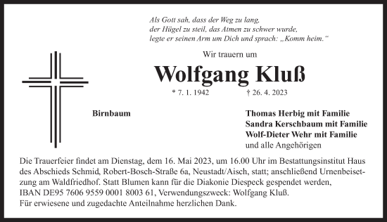 Traueranzeige von Wolfgang Kluss von Neustadt/ Scheinfeld/ Uffenheim