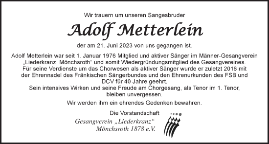 Traueranzeige von Adolf Metterlein von Dinkelsbühl/ Feuchtwangen